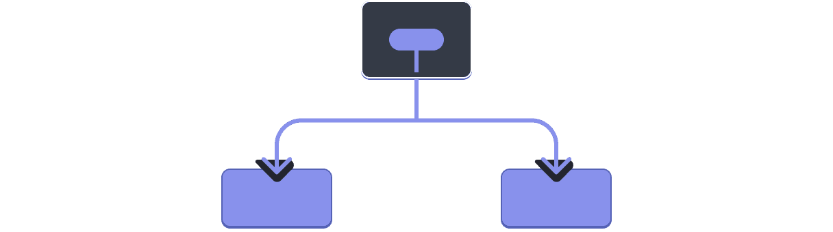 Diagram with a tree of three Components. The parent contains a bubble representing a value highlighted in purple. The value flows down to each of the two children, both highlighted in purple.